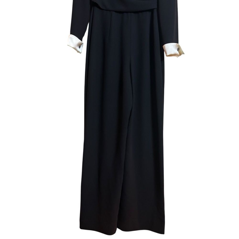 Vintage Jones of New York Black Wide Leg Jumpsuit White Satin Trim Long Sleeve 4 - Picture 8 of 10